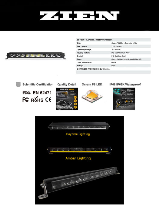 ZIEN 22" LED Light Bar Amber and White Daytime Running Light