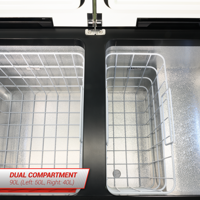 SnoMaster 90L Metal/Plastic Dual Compartment Mobile Fridge/Freezer AC/DC – Silver With Black Trim