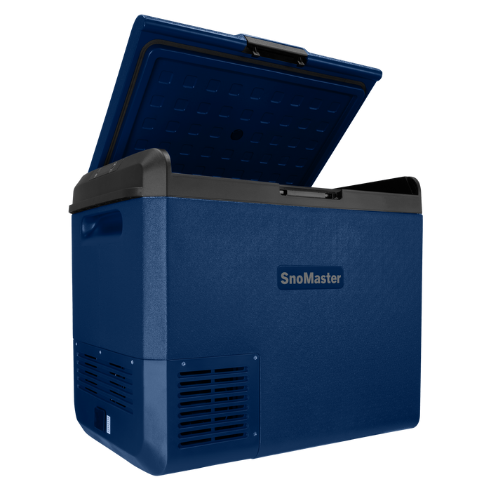 SnoMaster 60L Plastic Dual Compartment (Single Lid) Mobile Fridge/Freezer DC With 220V Power Adapter – Blue