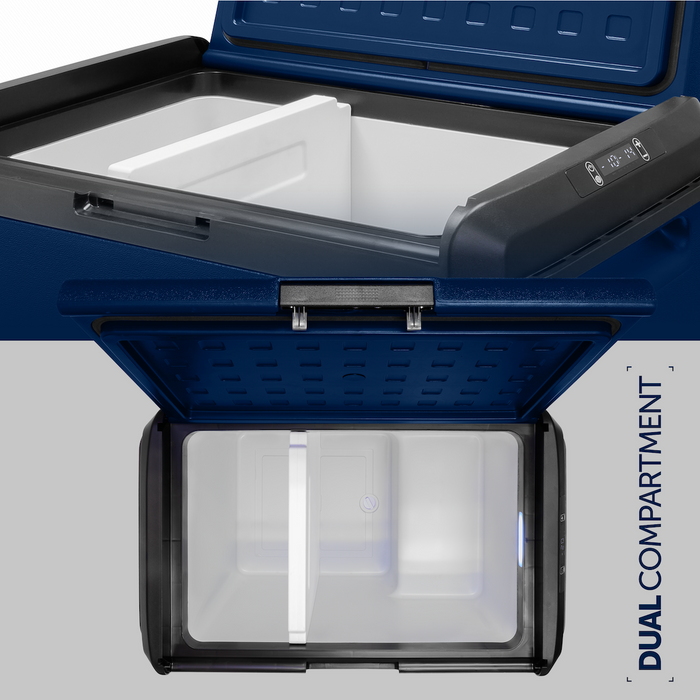 SnoMaster 60L Plastic Dual Compartment (Single Lid) Mobile Fridge/Freezer DC With 220V Power Adapter – Blue