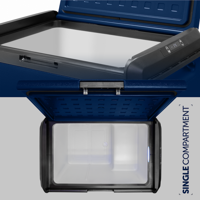 SnoMaster 60L Plastic Dual Compartment (Single Lid) Mobile Fridge/Freezer DC With 220V Power Adapter – Blue