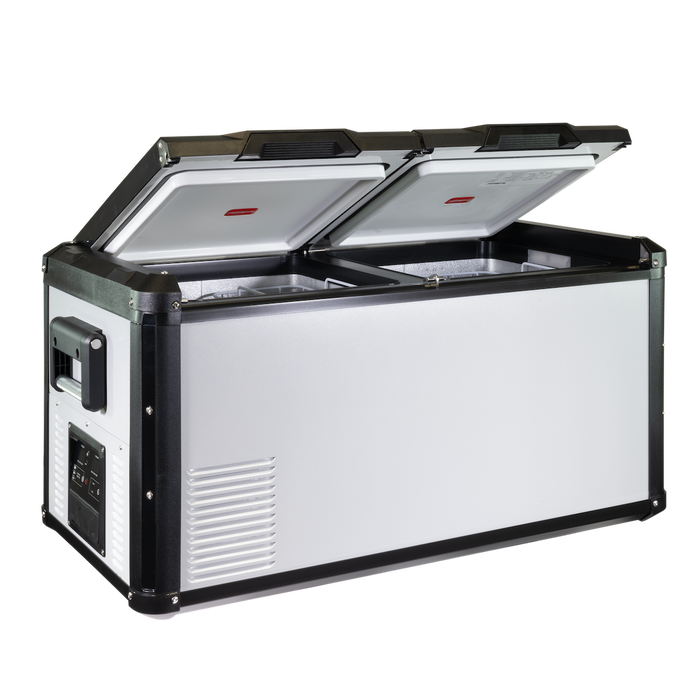 SnoMaster 90L Metal/Plastic Dual Compartment Mobile Fridge/Freezer AC/DC – Silver With Black Trim