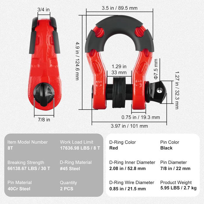 8 Ton Red D-Ring Shackles Red Set of 2
