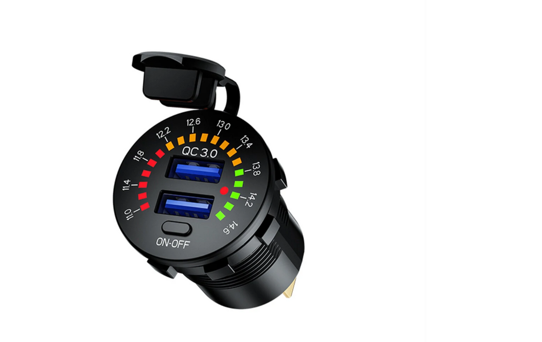 Dual QC3 USB Charger With Volt Meter And On/Off Switch